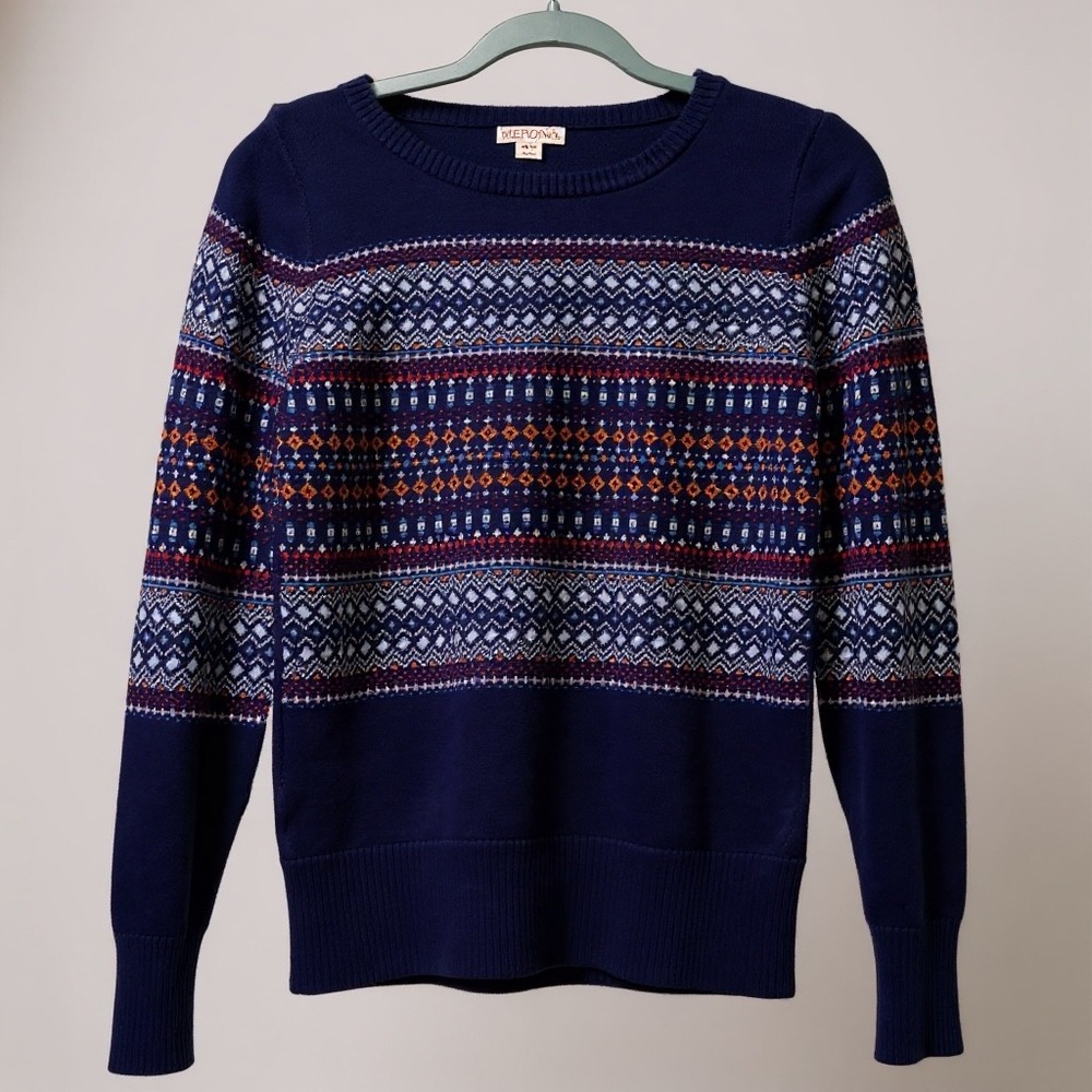 Merona Women M/M Blue Fair Isle Pattern Crew Neck Long Sleeve Sweater‎
